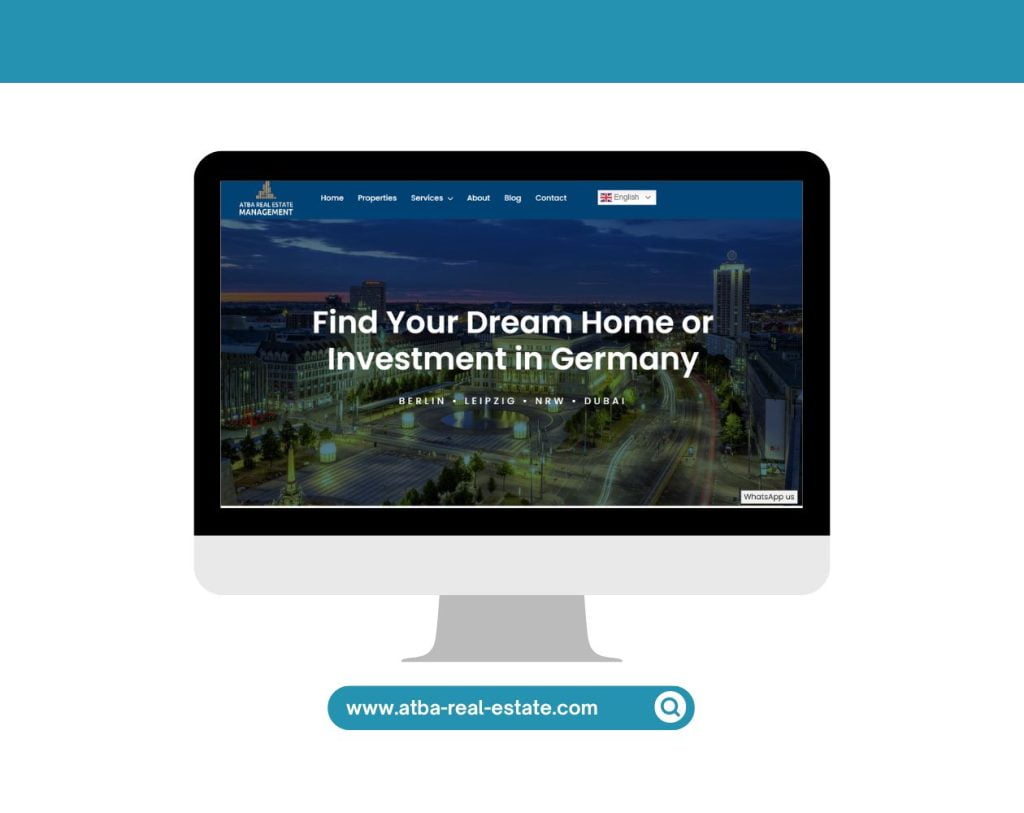 ATBA Real Estate Management homepage shown on a desktop, promoting property investment in Germany with a city skyline background at dusk.