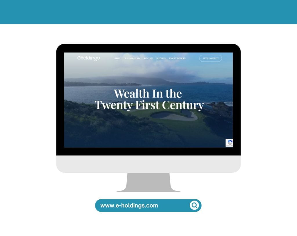 Homepage of eHoldings website displayed on a desktop screen, showcasing the tagline 'Wealth In the Twenty First Century' with a scenic coastal background.